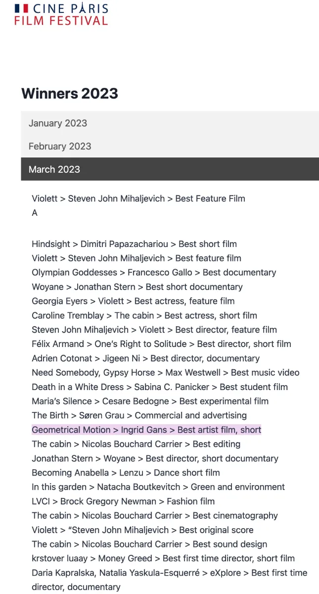 Ingrid Gans' Film GEOMETRICAL MOTION best artist film Cine Paris Film Festival März 2023 (Screenshot Winners)